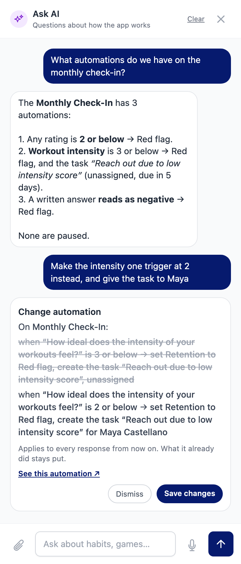 Ask AI listing the Monthly Check-In's automations, then changing one — trigger at 2 instead of 3 and assign the task to a coach — with a Save changes button