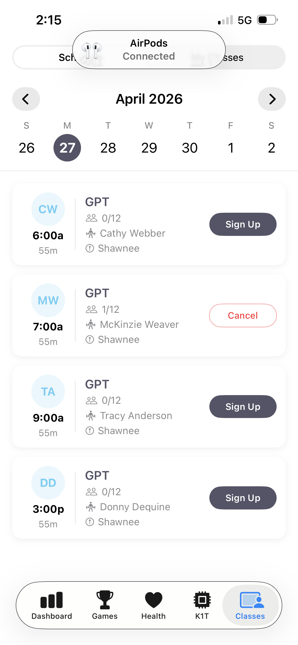 Class sign-up schedule