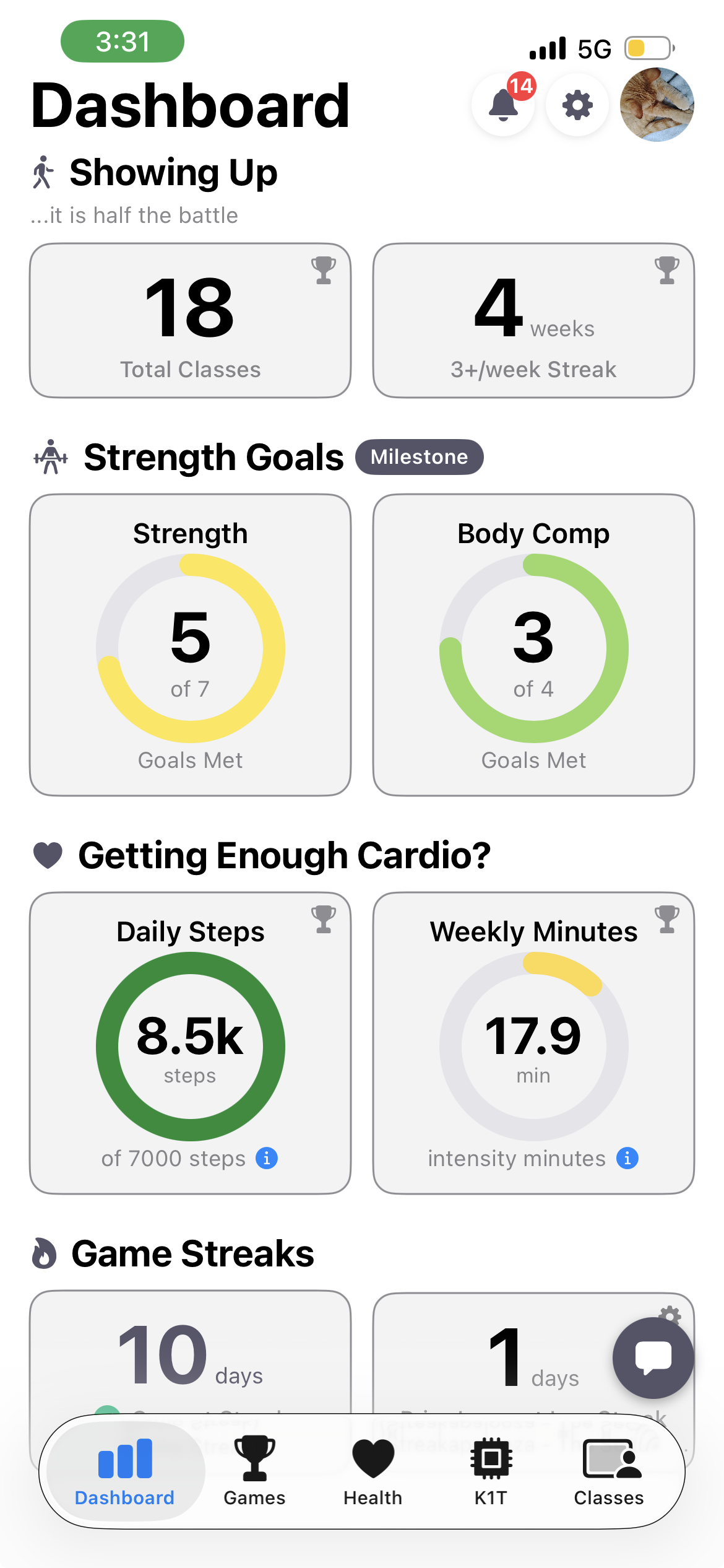 Member dashboard with strength, cardio, and class goals