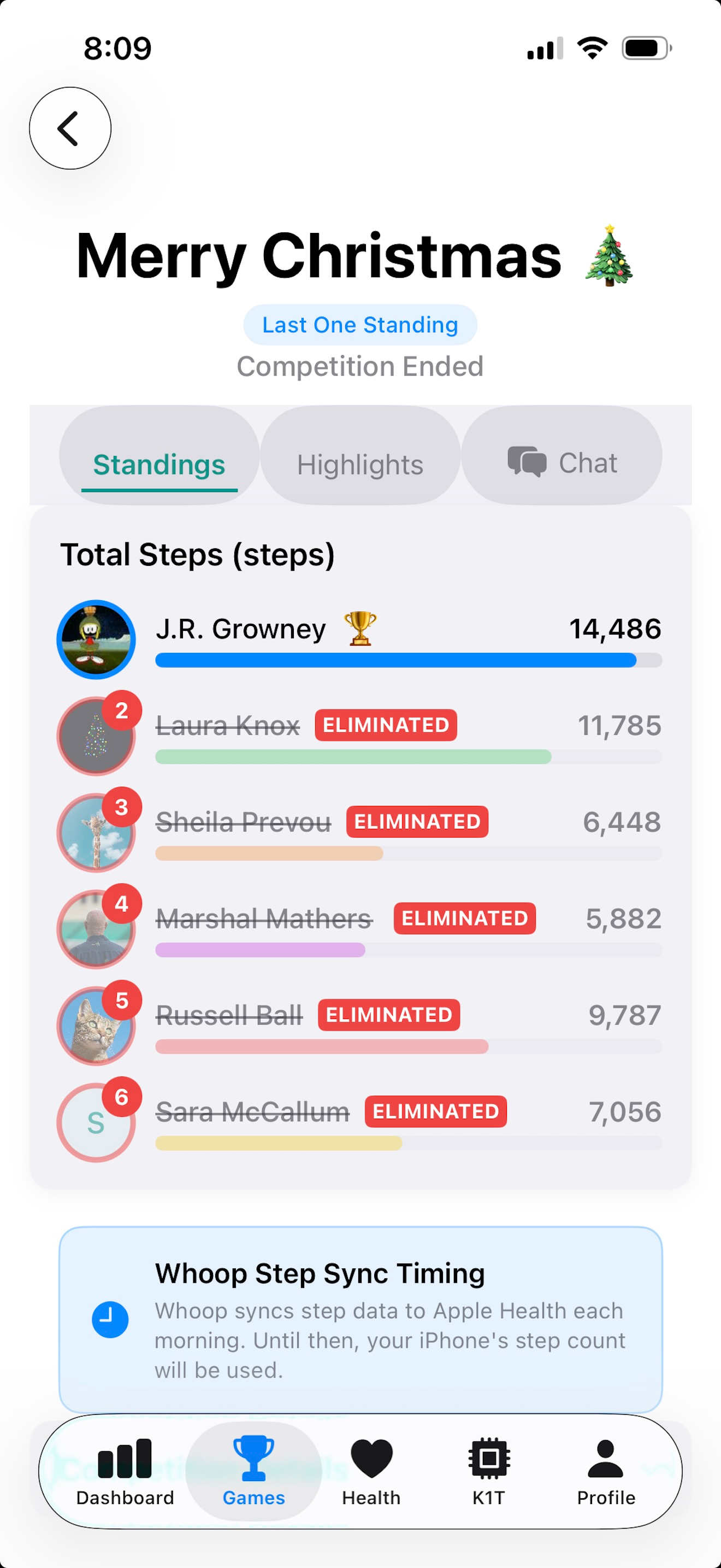 Cooperative and competitive activity game standings