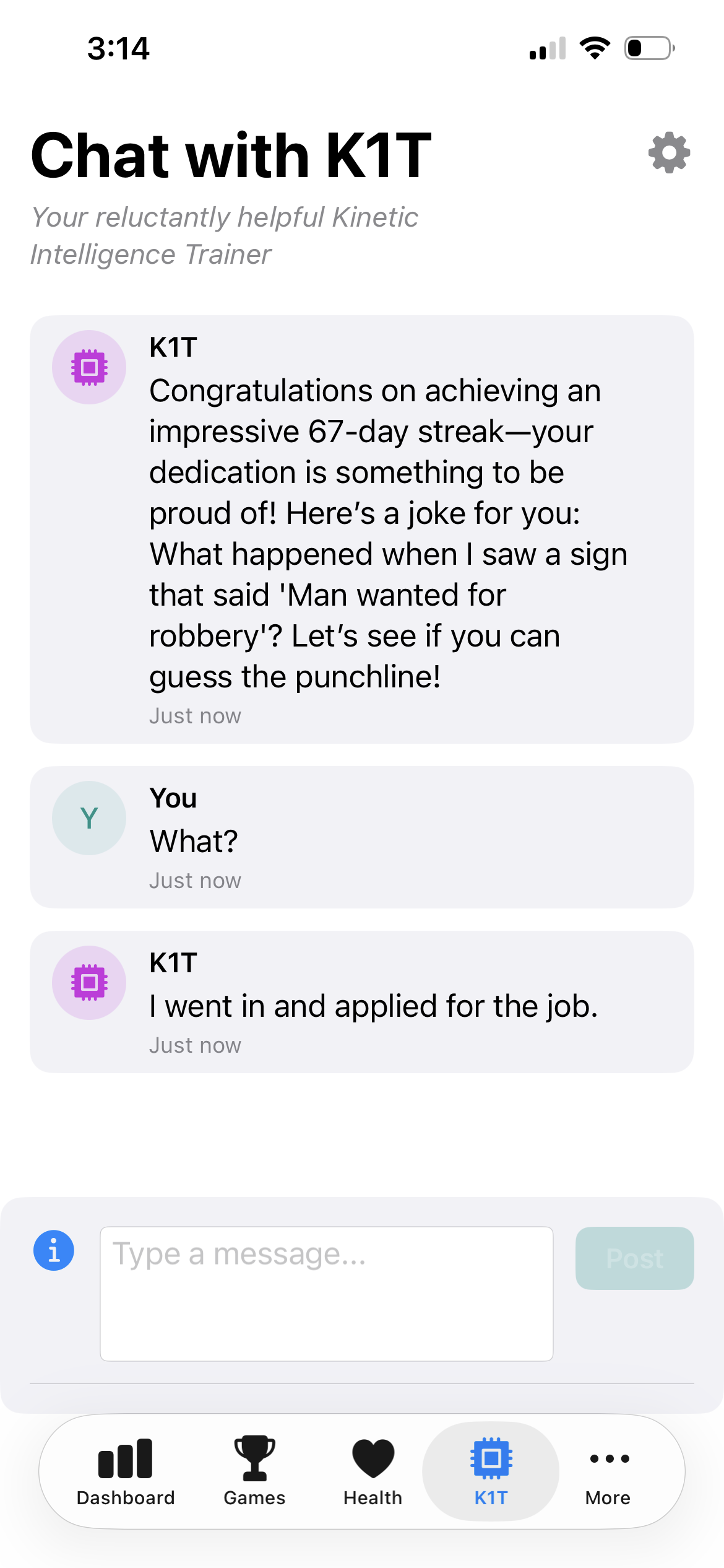 K1T congratulating a 67-day streak with a joke